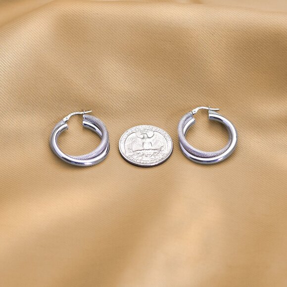 Textured 925 Silver Hoops, Double Style, Unique Stylish Earrings, Everyday Hoops - Picture 6 of 7